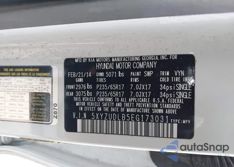 2014 Hyundai Santa Fe Sport 2.4L из США, поврежденный, VIN 5XYZUDLB5EG173031